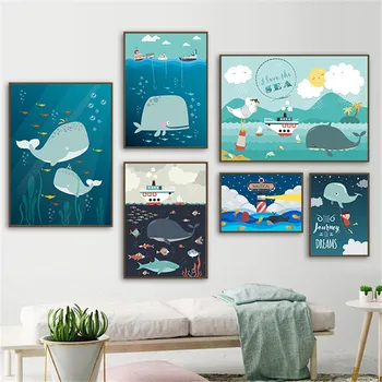 Плакат с мультяшным китом в скандинавском стиле и печать на холсте Картина 