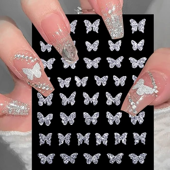 Блестящие 3D наклейки для дизайна ногтей с бабочками, Светоотражающая пудра, Линия завитка розы, Звездный дизайн, Клейкая наклейка, Блестящий маникюр