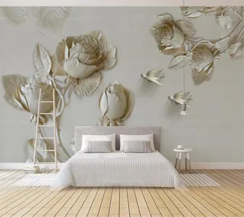 wellyu Индивидуальные большие фрески мода обустройство дома 3D трехмерное золотое тиснение роза цветок птица стена