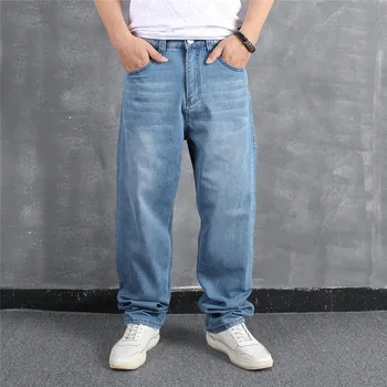 Светлоголубые мужские джинсовые брюки большого размера, мешковатые хип-хоп Свободные джинсовые брюки для скейтборда, уличная одежда, однотонные джинсы для мужчин