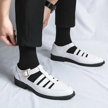 Летние Классические мужские белые туфли, высококачественная кожаная мужская социальная обувь с пряжкой, Дышащие открытые модельные туфли, мужские сандалии