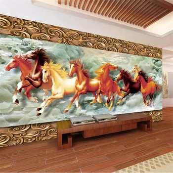 Обои на заказ, 3d фрески, резьба по дереву, восемь лошадей, обои в классическом стиле, домашний декор, 3D обои из папье-маше