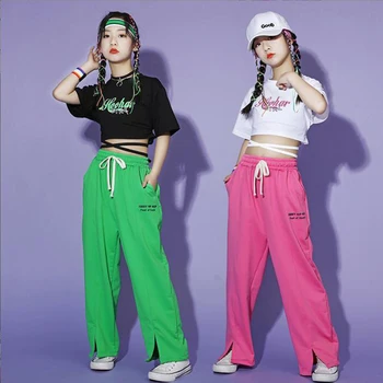 Детская бальная одежда в стиле хип-хоп, топы с перекрестными завязками, футболка, уличная одежда, спортивные штаны для девочек, одежда для джазовых танцев