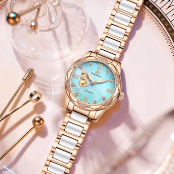 ORKINA Роскошные Женские механические часы лидирующего бренда с белым керамическим ремешком, модные женские автоматические наручные часы, подарочный набор для женщин