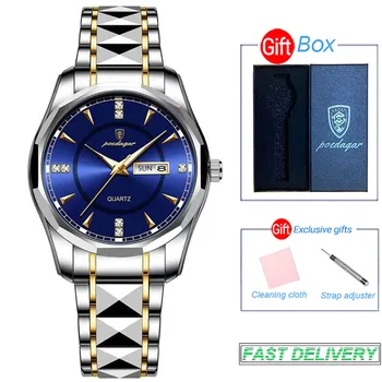 POEDAGAR, роскошные деловые часы, мужской бренд, ремешок из нержавеющей стали, военные часы для мужчин, светящиеся водонепроницаемые спортивные кварцевые часы