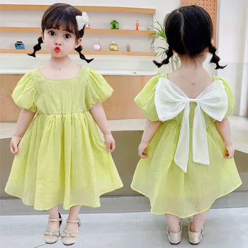 2023 Новое детское Красивое летнее платье для девочек, расшитое бисером, платья принцессы с большим бантом, детская праздничная одежда