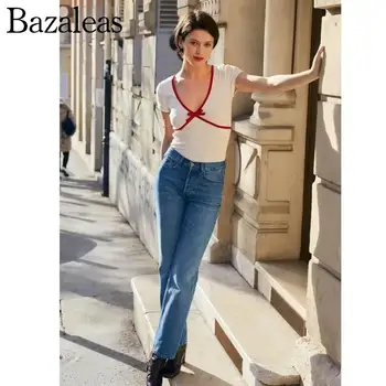 2023 bazaleas store traf Однотонный укороченный топ, футболка с бантом спереди, Повседневные футболки и блузки, официальная женская одежда