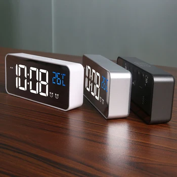 Умное светодиодное зеркало Электронные часы Портативное домашнее USB Голосовое управление Бесшумный таймер Музыкальный Будильник Напоминание Белый