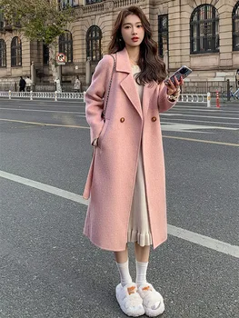 Розовая куртка Женская Демисезонная ветровка 2023 года, Новая Корейская версия, Свободное шерстяное пальто средней и длинной длины на шнуровке Z300