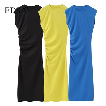 Женское винтажное однотонное платье миди EDSA со сборкой по бокам, без рукавов, с круглым вырезом, летнее, с высокой талией, тонкое, женское для вечеринки