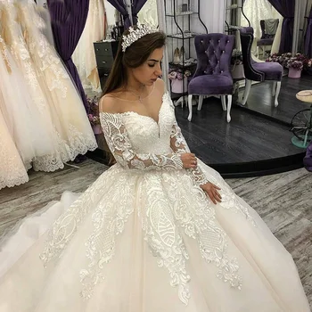 Пышные свадебные платья MYYBLE Princess, Элегантное бальное платье с аппликацией с длинным рукавом, Кружевное церковное свадебное платье 2021, корсет для невесты