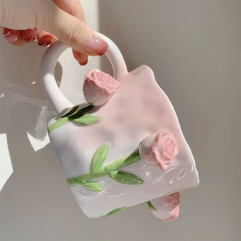 Ins Кофейная кружка в виде кавайного рельефа в виде тюльпана, чашка с ручной росписью, Нишевая пара, сердце девушки, керамическая чашка, подарок девушке