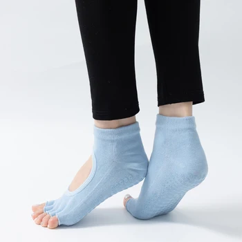 Женские носки для йоги с пятью пальцами, женские нескользящие носки для пилатеса, тренажерного зала, носки для фитнеса, балета, танцев, Хлопковые тапочки с ручками