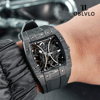 OBLVLO Модные мужские автоматические механические часы в форме бочонка со светящимся циферблатом, корпус из углеродного волокна, Каучуковый ремешок для часов