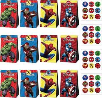 Подарочный пакет для вечеринки супергероев-Мстителей с тематической наклейкой, сумка с Человеком-пауком, сумка с Халком, подарочные пакеты для детских конфет, пакеты из крафт-бумаги, декор для вечеринки