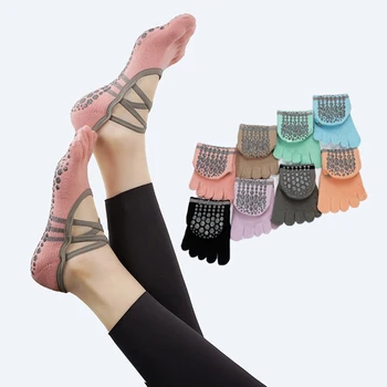 Женские Силиконовые хлопковые носки для йоги с пятью носками, высококачественные нескользящие носки для пилатеса с полупальцем