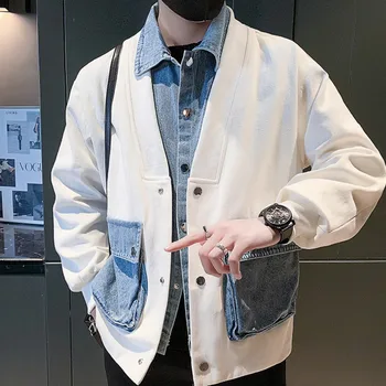 Поддельная мужская куртка-бомбер с двумя джинсовыми строчками, весенняя Повседневная Ветровка с отворотом, уличная одежда в стиле хип-хоп, куртка, пальто, Верхняя одежда, мужская одежда