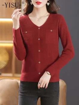 YISU 2023 Женский свитер с V-образным вырезом, однотонный джемпер, Дышащие Теплые повседневные топы, дышащий вязаный пуловер с длинным рукавом, свитер
