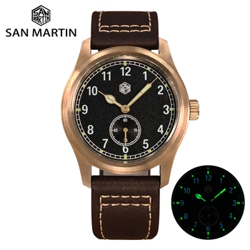 Мужские часы San Martin RONDA 6004 37 мм Pilot, винтажные кварцевые часы в стиле милитари в простом модном стиле, кожаные, водонепроницаемые, светящиеся, 10 бар,