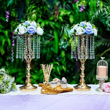 Центральный элемент с цветочным рисунком (16шт), золотая подставка с высоким цветочным украшением и хрустальными бусинами для вечеринки, свадебного приема