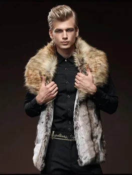 Мужской жилет из искусственного меха, приталенный лацкан, Большой меховой воротник, короткий жилет, мужская коричневая кожаная куртка, зимнее теплое пальто