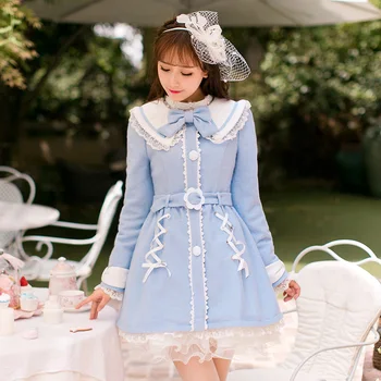 Принцесса сладкое синее шерстяное пальто Candy rain belt Бандаж Кружевное украшение для бровей Однобортный Сладкий японский дизайн C16CD6186