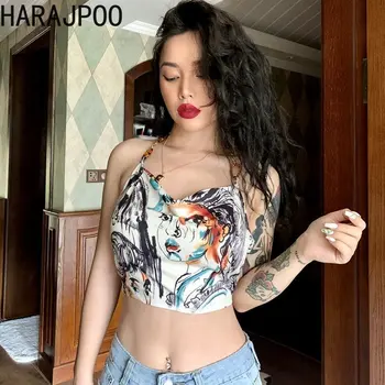 Harajpoo 2023 Летняя картина маслом в американском уличном стиле с принтом, топ с подвешенным ремешком на шее, женские темпераментные сексуальные короткие футболки Y2K