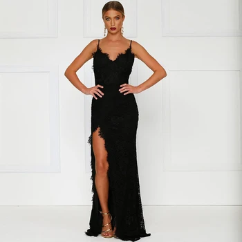 Элегантное черное кружевное вечернее платье с V-образным вырезом и боковым разрезом 2021 на бретельках-спагетти, платья со шлейфом без спинки, платья для особых случаев
