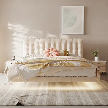 Подвесная кровать с каркасом из массива бука, искусственная кожа в кремовом стиле во французском стиле, современная минималистичная кожаная кровать