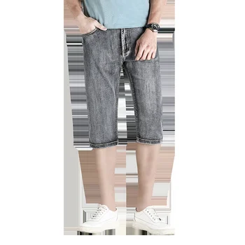Мужские джинсовые шорты, Летние серые короткие брюки, бриджи с микро-растяжкой, винтажные бермуды, мужские джинсы Длиной 3/4, Брюки Длинные Мужские