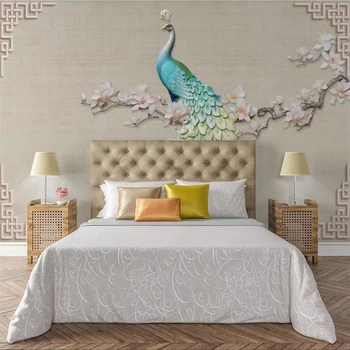обои wellyu на заказ 3d новые китайские рельефные цветочные павлиньи стены гостиной ретро классическая настенная роспись спальни отеля 3D обои