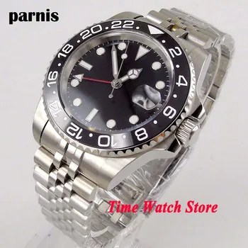 40 мм PARNIS стерильный черный циферблат сапфировое стекло автоматические мужские механические часы керамический безель дата Юбилейный браслет GMT