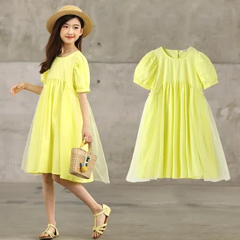 Желтое свободное летнее платье для девочек 2023 года, новое платье принцессы, детское платье с рукавами-пузырями
