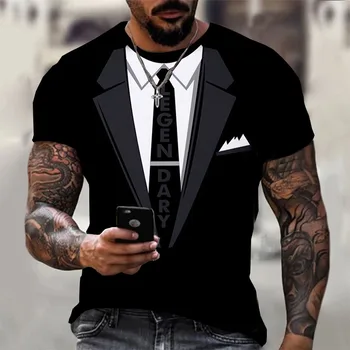 2022 Забавный 3D черный костюм, футболка с принтом черного галстука, футболка для панк-фестиваля, мужская футболка с круглым вырезом и коротким рукавом, уличная одежда оверсайз