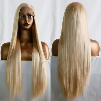 Синтетический парик на кружеве Золотисто-русый, Длинные Шелковистые Прямые волосы из Термостойких волокон, натуральные волосы без пробора для женщин, парики