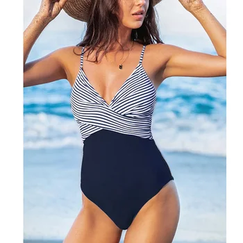 2021 Новый женский сексуальный цельный купальник с перекрестной оберткой спереди, глубокий V-образный вырез, Монокини-бикини, полосатый принт контрастного цвета, купальный костюм