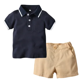 Летний новый комплект хлопковых шорт с коротким рукавом для мальчиков, модные однотонные облегающие комплекты удобных футболок с отворотами