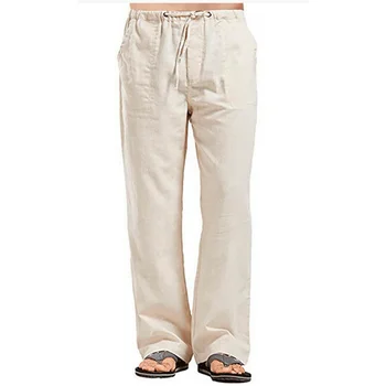 Мужские хлопчатобумажные льняные брюки Летние однотонные дышащие походные брюки Мужские повседневные брюки для фитнеса с эластичной резинкой на талии
