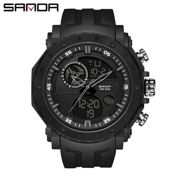 SANDA Watches 50-метровые водонепроницаемые спортивные кварцевые часы для мужчин, роскошные цифровые военные мужские часы S Shock со светодиодной подсветкой с двойным дисплеем