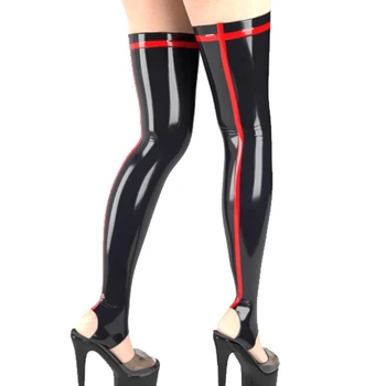 Сексуальные длинные латексные чулки Balck с красными резиновыми фетиш-носками на бедрах с открытыми ногами для женщин