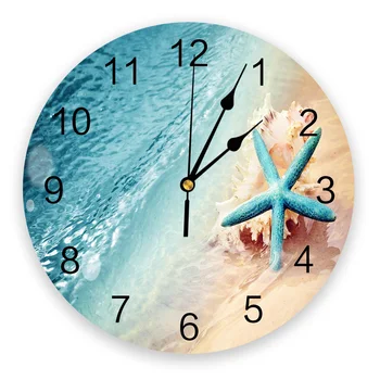 Пляж Море Летняя тема Морская звезда Синие Большие настенные часы Декор для столовой ресторана Кафе Круглые настенные часы Бесшумное украшение дома