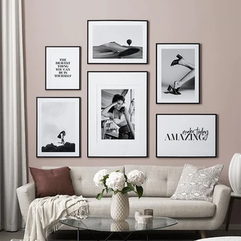 Живопись на холсте в скандинавском стиле, плакаты и принты с английскими буквами, Черно-белые настенные панно Sexy Woman для модного декора гостиной