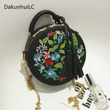 Женская сумочка с цветами в стиле ретро с вышивкой, сумка через плечо из искусственной кожи с кисточками для дам, вечерняя Круглая сумка, женские Кошельки, сумка, кошелек