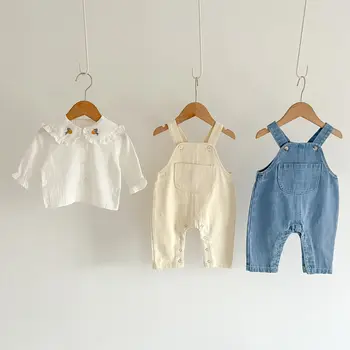 Джинсовый комбинезон для маленьких мальчиков в корейском стиле, осенний детский комбинезон, джинсы + Белая блузка для маленьких девочек, Свободные Детские штаны, топы для детской одежды