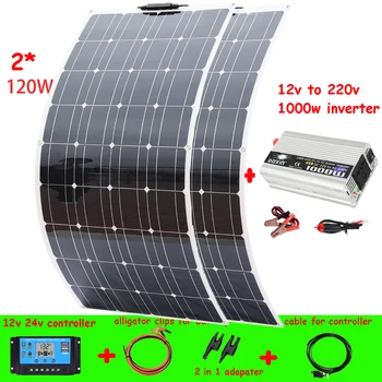 220 В Или 110 В 1000 Вт Автономная система солнечных панелей: 2шт Солнечная панель мощностью 120 Вт + контроллер 20A + кабель инвертора мощностью 1000 Вт