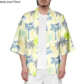 Рубашки-халаты в стиле харадзюку с изображением пальм, Пальто с коротким рукавом, Уличная одежда в японском стиле, Пляжная Повседневная мужская одежда