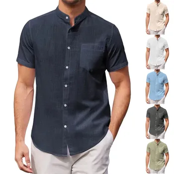 Винтажные дизайнерские мужские рубашки, повседневные однотонные рубашки с коротким рукавом, Черные свободные рубашки с воротником-стойкой, блузки и блузки