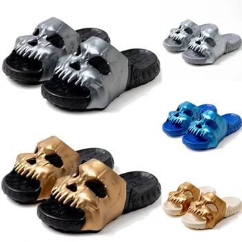 Сандалии с черепом, готические тапочки, тапочки с дизайном черепа, сандалии, тапочки с черепом, мужские тапочки в форме черепа, необычная обувь готического синего цвета