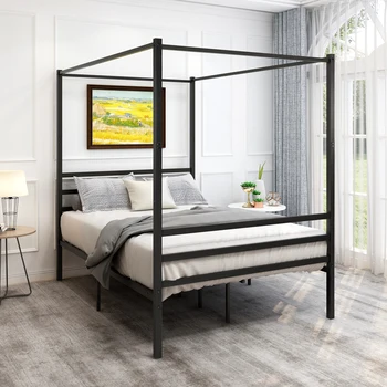 Мебель для спальни Металлическая кровать с балдахином и изголовьем, каркас на платформе с матрасом, металлическая планка, двойной /полноразмерный размер