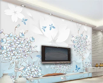 Wellyu Пользовательские обои синие с ручной росписью цветами и бабочками 3D стерео ТВ фон настенная роспись декоративная живопись behang